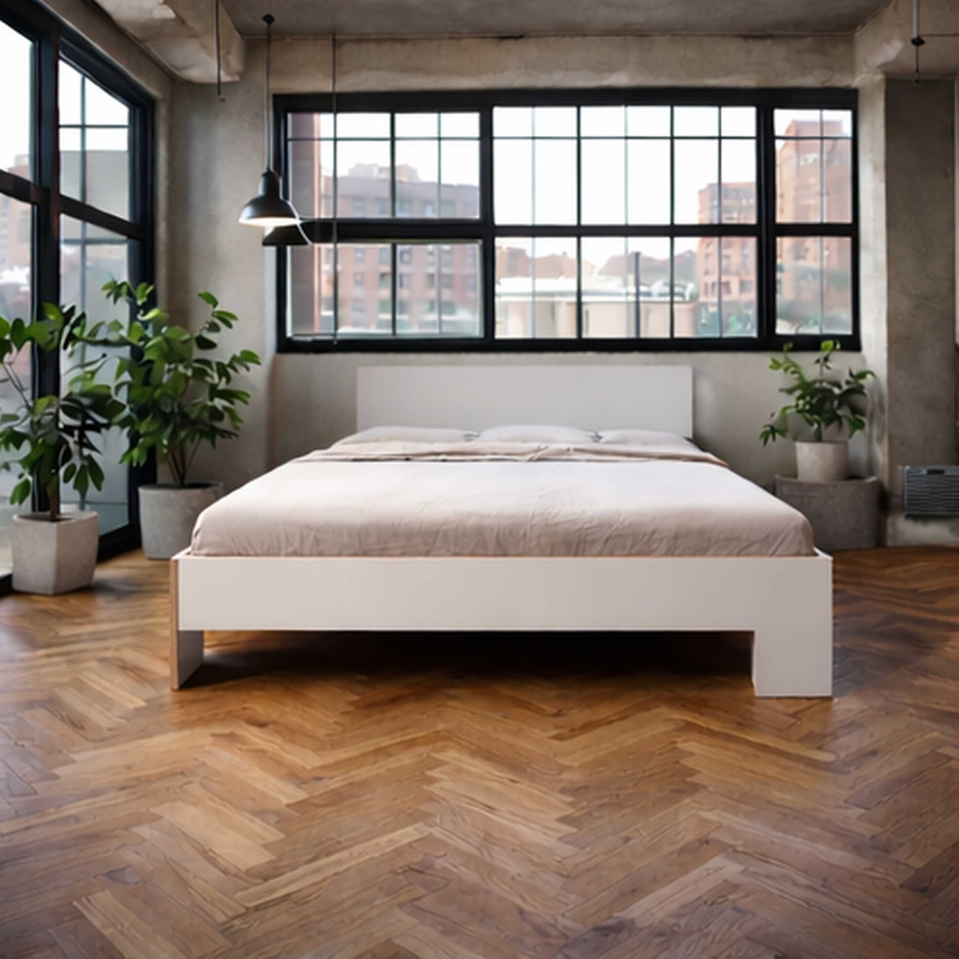 Minimalistisches Designerbett in Loft Wohnung 